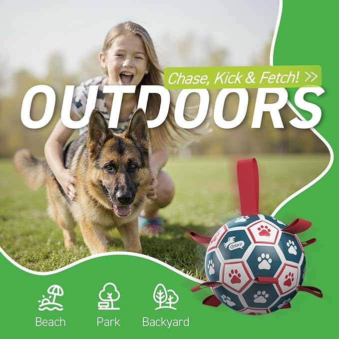QDAN Extra Large Soccer Ball with Straps, Interactive Dog Toys for Tug of War, Puppy Birthday & Water Toy, Large Dog Balls - Blue & Red (9 Inch)
