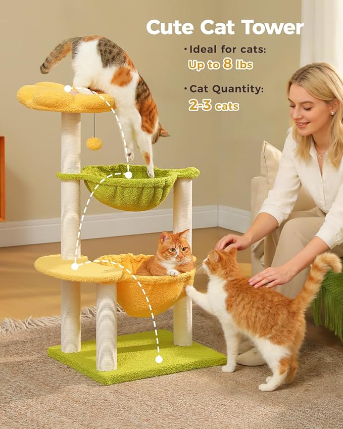 Flower Cat Tree with 2 Large Hammocks, 37.4" Small Cat Tower for Indoor Kitty with 6 Scratching Posts, Cute Cat Tree with Flower Top Perch, Yellow