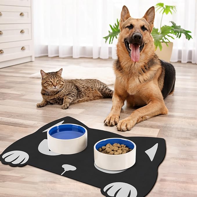 Pet Mats for Food and Water Dog Cat Food Mats Pet Feeding Mat Anti-Slip No Stains Quick Dry Floors Waterproof Placemat Food Water Bowl Mat Halloween Decorations - 23.6"x15.7" Black Cat