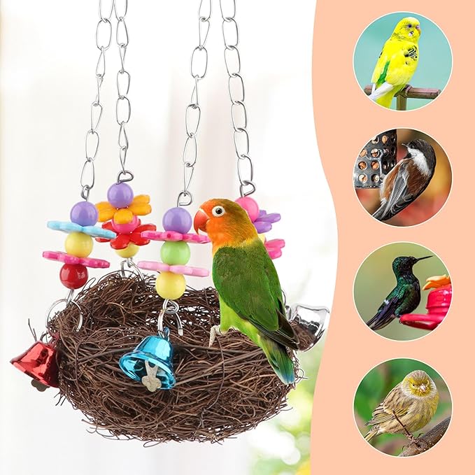 Hypeety Natural Rattan Nest Bird Swing Toy Colorful Flowers Bells for Budgie Parakeet Finch Lovebird Cockatiel (C)