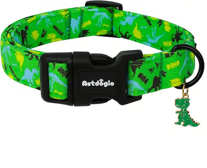 Medium Dog Collars for Male Dogs, Boy Dog Collars with Dinosaur Pattern，Adjustable Cotton Green Collar for Puppy Dog，Ideal, Daily Photos & Pet Fashion Accessory