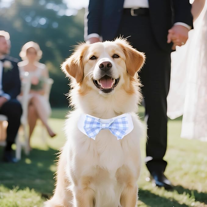 Segarty Dog Bow Tie for Neck Girth 12.6-15.7in, Adjustable Light Blue Plaid Bowtie Collar, Large Pet Necktie Tuxedo Comfortable Cotton Boy Pets Grooming Accessory Formal Wedding Holiday Birthday Party