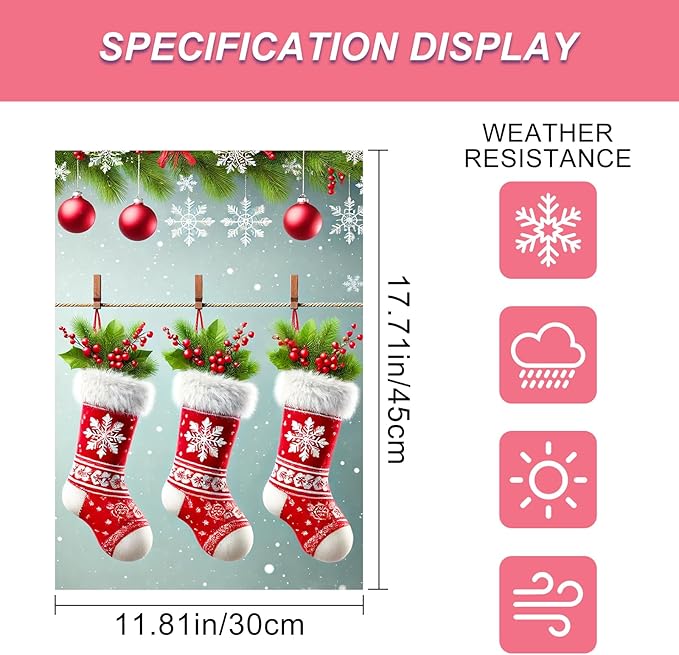 Christmas Garden Flag Three Stockings Winter Garden Flag 12x18 Inch Double Sided Outdoor Decoration for Holiday Season Yard Porch Lawn Display Festive Snowflake Banner