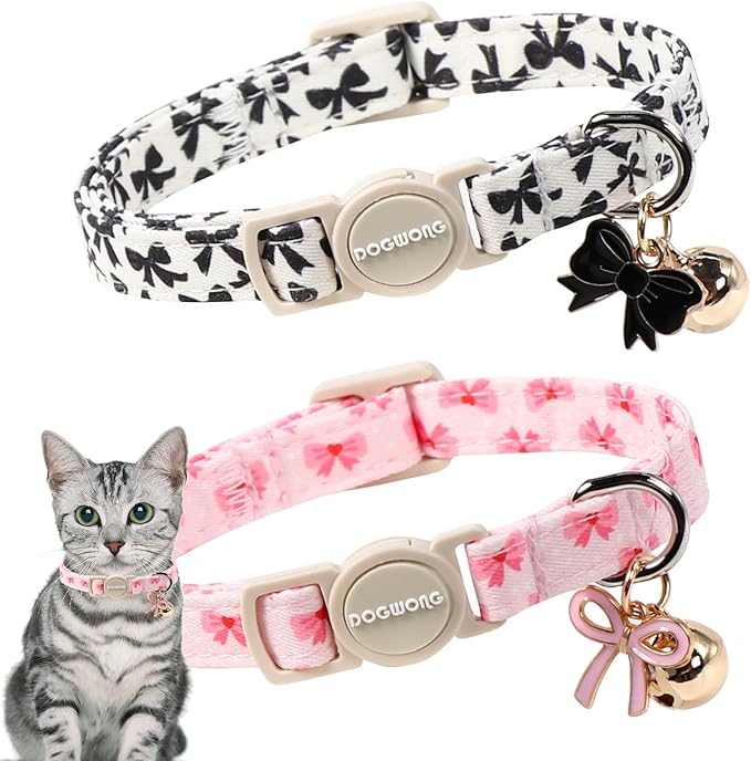 2 Pack Cotton Breakaway Cat Collar Pink and Black Heart Shaped Pendant Cute Kitten Cat Collar with Bell,Adjustable 7-12 Inch,Pet Supplies Accessories