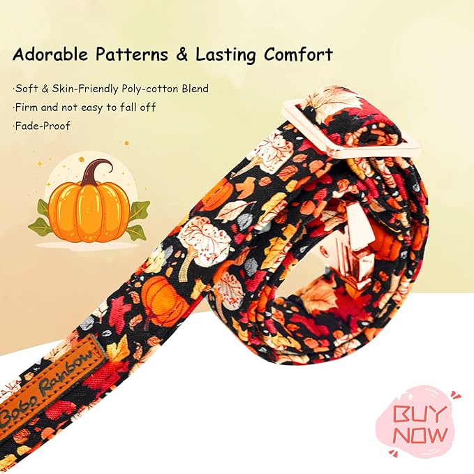 Fall Dog Collar, Leaf Pumpkin Print Adjustable Pet Collar Cute Cotton Soft Collars with Bow Tie Metal Buckle Holiday Puppy Collars Boy&Girl Gift for Small Dogs
