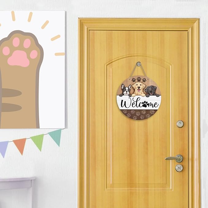 Deroro Welcome Dogs Front Door Sign, Paw Prints Wood Door Hanger Outdoor Outside Porch Decor Pet Lover Owner Gifts, Labrador Golden Retriever Farmhouse Wooden Wreath Indoor Wall Hanging Decoration