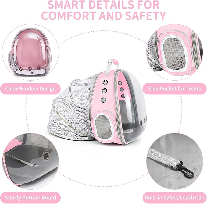 Cat Backpack Carrier, Back Expandable Pet Backpack with Bubble Window, Airline Approved Pet Travel Bag for Small/Medium Cats & Puppies, Hiking, Camping, Outdoor Use (Pink)