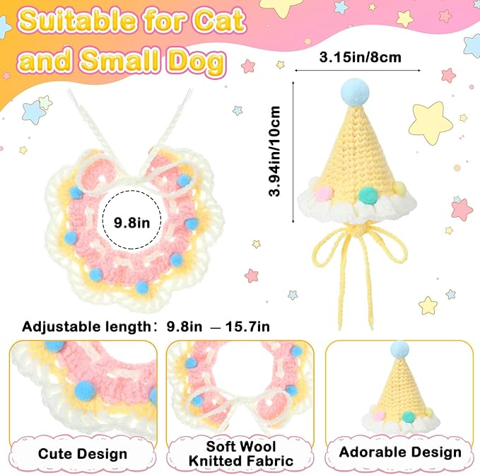 Sanwuta 2 Pcs Cat Birthday Party Supplies, Knit Cat Hat Kitten Birthday Bib Knit Bandana Pet Party Costume Headwear Accessories for Puppy Kitten Small Dogs Animals (Cream Yellow)