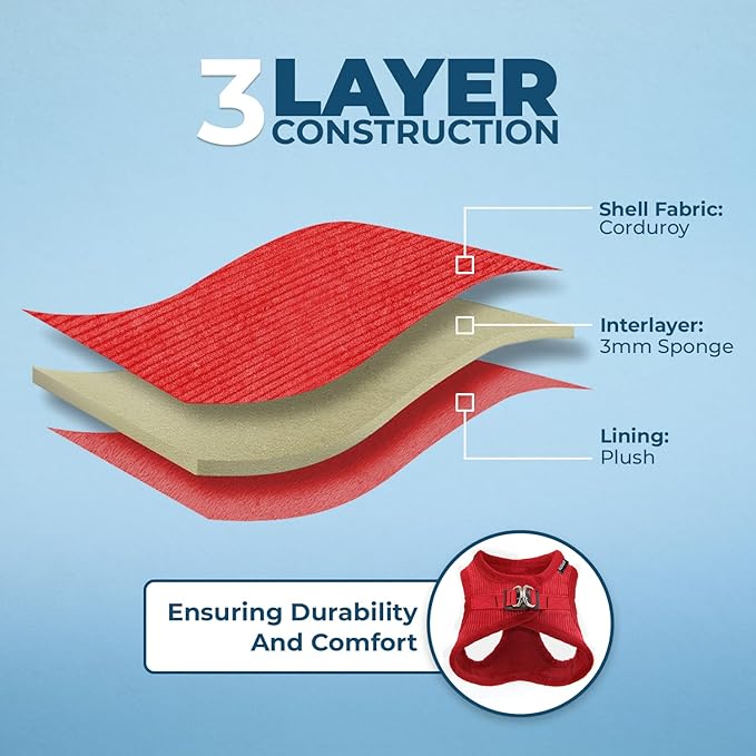 Best Pet Supplies - All Weather Plush, Reflective, No Pull Harness for Small, Medium Dogs, Cats - Secure with Hook & Loop Fastener, Buckle, Double D-Rings - Red Corduroy, L