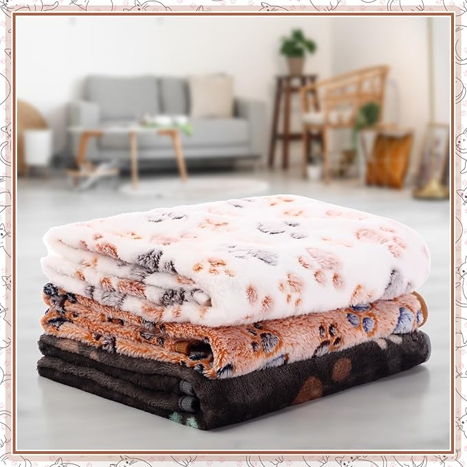 Tegeme 12 Pcs Pet Blankets Soft Fluffy Fleece Dog Cat Warm Paw Print Pattern Blankets Flannel Throw for Pets Dog Puppy Cat(30 x 20 Inch,Dark Gray, White, Camel)
