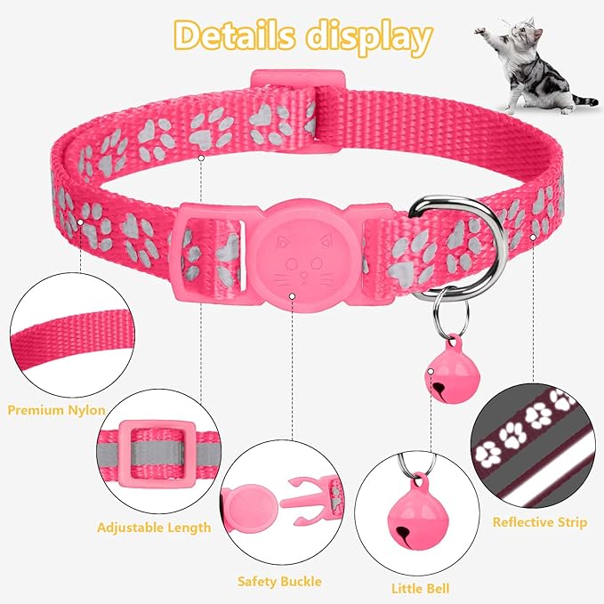 Taglory Reflective Cat Collar Breakaway with Bells, 2 Pack Girl Boy Pet Cat Collar Adjustable 7.5-12.5 Inch, Pink