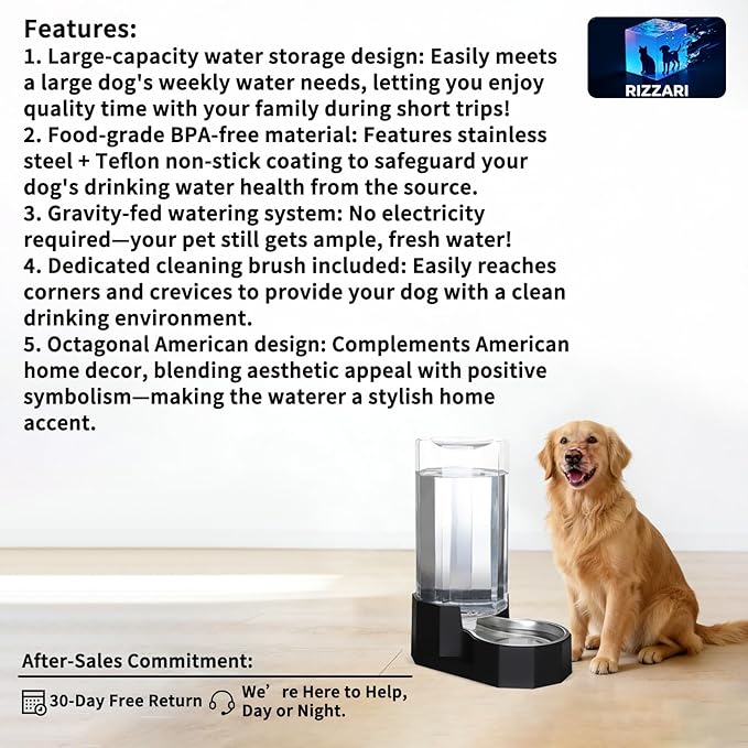 Sfozstra Large Dog Water Dispenser: 9L Gravity Black Gravity Water Feeder - Dishwasher-Safe Stainless Steel Bowl - Easy Clean - for Medium/Large Dogs - Multi-Pet Homes - Garage/Garden/Patio