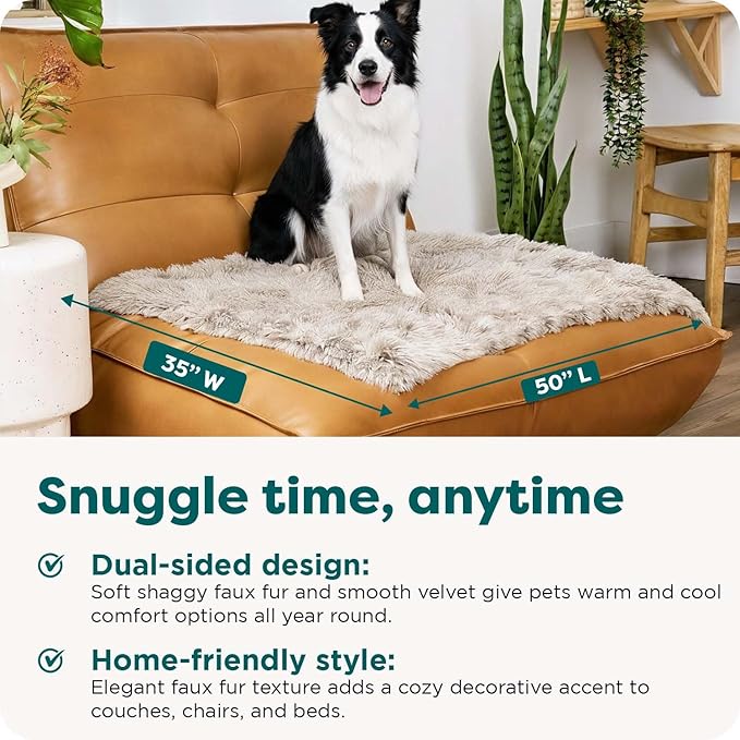 FurHaven Waterproof Throw Blanket for Dogs & Indoor Cats, Reversible Protective Pet Blanket, Large, Long Faux Fur & Velvet, Driftwood