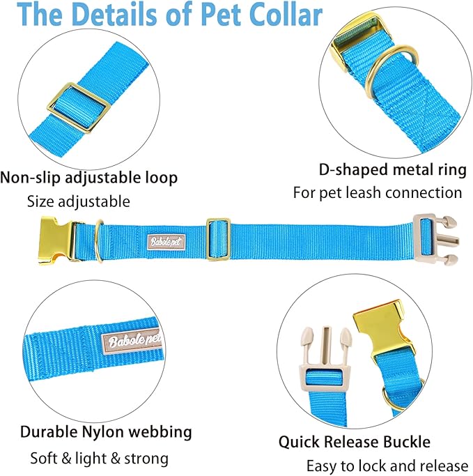 Nylon Dog Collar - Adjustable Blue Soft Webbing Dog Collars for Small Medium Large Dogs Boy Girl Puppy Collar with Safety Metal Buckle S