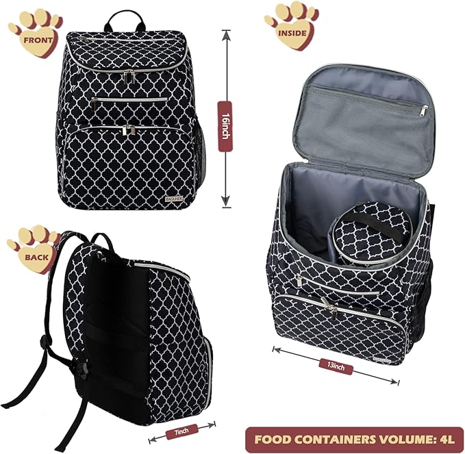 BAGLHER Dog Travel Bag Backpack, Airline Approved Pet Supplies Backpack, Dog Travel Bag with 2 Silicone Collapsible Bowls and 2 Food Baskets DLBlack