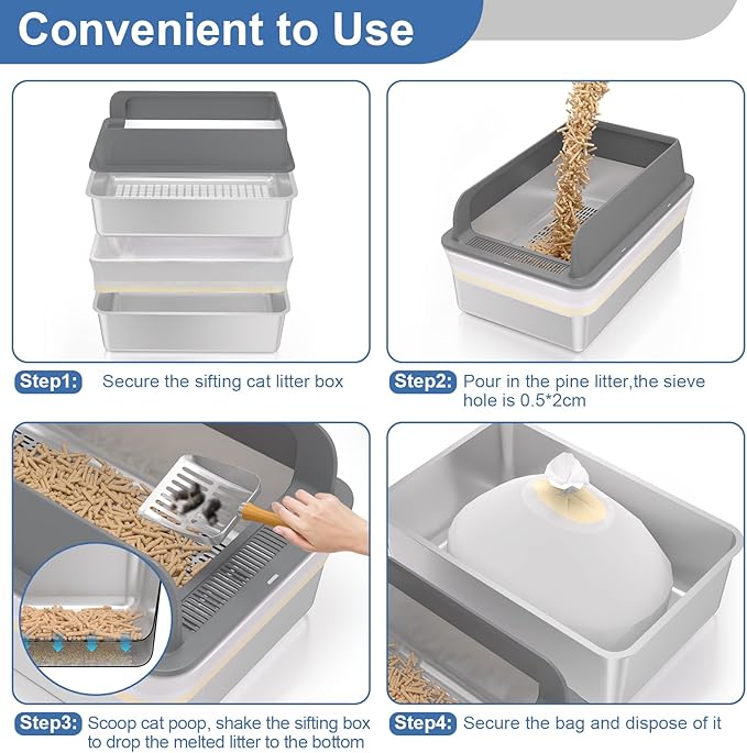 XXXL Stainless Steel Sifting Litter Box with Lid, 28'' L × 20'' W Extra Large Sifting Cat Litter Box for Pine Pellets & Big Cats & Multiple Cats, Metal Pellet Sifter Litter Pan System for Odor Control