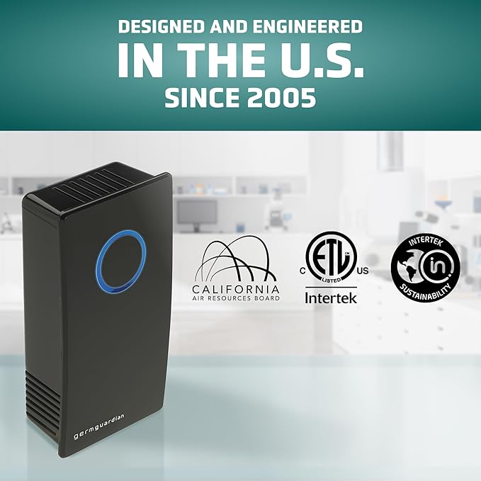 Germ Guardian GG1100B 7” Pluggable Small Air Purifier, Small Room Wall Air Sanitizer, Freshens Air, UV-C Light Kills Germs, Reduces Odors From Pets, Cooking, Mold, GermGuardian, 1-Yr Wty (Black)