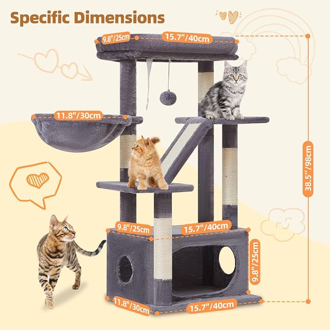 Taoqimiao Cat Tree,38.5-Inch Cat Tower for Indoor Cats,Suitable for Kittens with Luxurious cat condo with Adjustable Baskets and Luxurious Perch MS029SG Smoky Gray