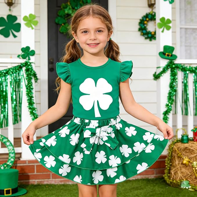 Girls Skirt Set 2 Piece Outfit Toddler Summer Clothes Ruffle Sleeve T-Shirt Bow Knot Tutu Skirt Outfit Set