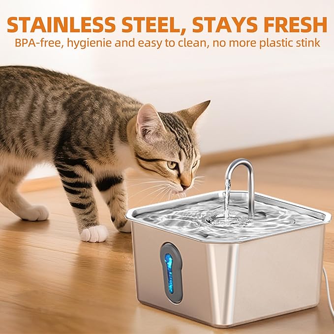 4L/135oz Large Cat Water Fountain Stainless Steel with 8 Filters Pet Water Fountain for Cats Quiet Indoor Pets Dog Small Animal Automatic Dog Water Dispenser for Drinking Watering Supplies