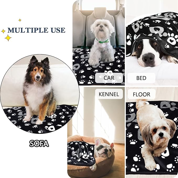 Dog Blanket, Soft Fleece Dog Blankets for Small Medium Dogs, Fluffy Flannel Pet Cat Puppy Blanket Mat Cover for Bed Couch, Cute Paw Print Throw Blanket for Dogs, Black 40"X30"