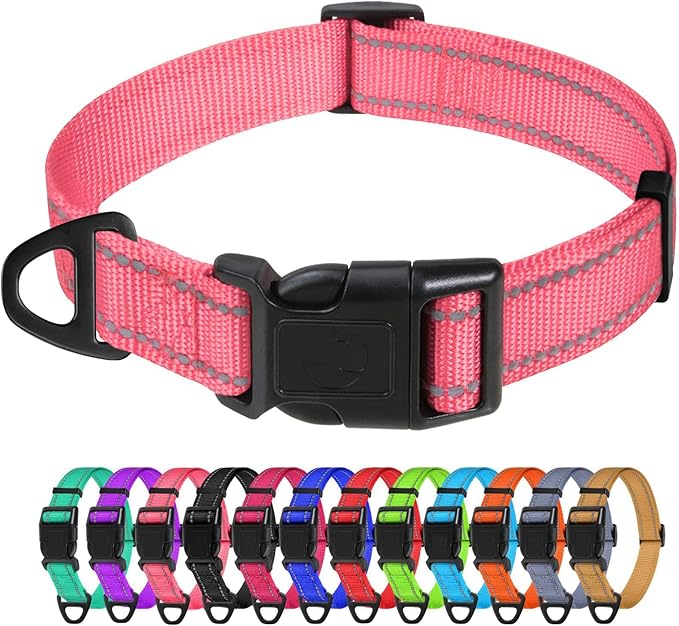 TagME Reflective Nylon Dog Collars, Adjustable Classic Pet Collar with Quick Release Buckle for Large Dogs, Baby Pink, 1.0" Width