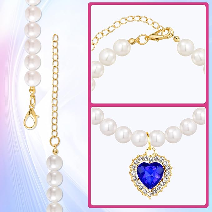 2pcs Pearl Collar for Cat Puppy, Small Cute Heart Shape Rhinestone Pet Necklace, Adjustable Wedding Party Pet Jewelry Accessories for Puppy Kitten- Blue & Red