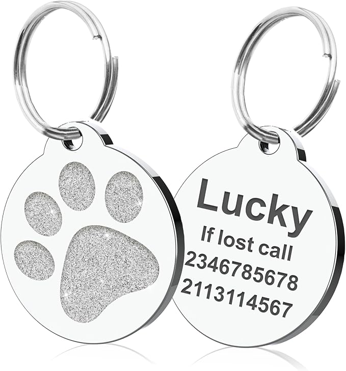 Dog Tags Personalized for Pets Dog Name Tags Personalized Dog Tag Engraved with Any Name & Text Custom Dog ID Tags Glitter Bone ID Tag for Puppy Cat (Silver-Round, S)