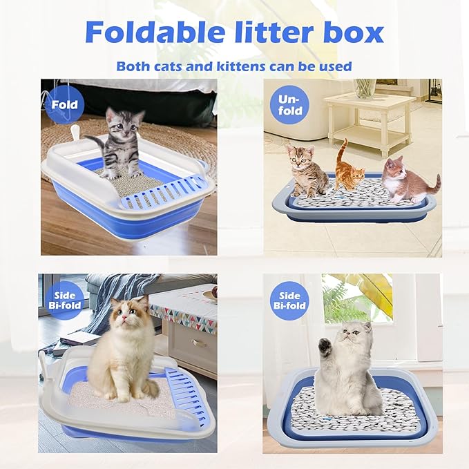 kathson Collapsible Kitten Litter Box,Foldable Anti-Splashing Small Kitty Litter Box Low Entrance Cat Potty Pan with Falling Sand Pedal Waterproof Portable Cat Toilet for Kittens (Blue)