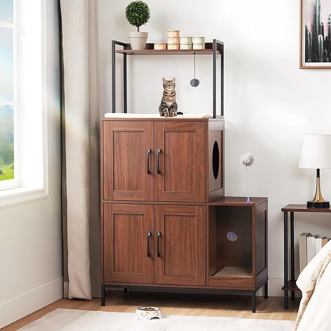 HOOBRO Litter Box Enclosure, Litter Box Furniture with Storage, 2-in-1 Hidden Cat Furniture with Shelf, 2 Dangling Plush Balls and 1 Toy Ball, Large Wooden Cat Washroom, Walnut WL78MW01