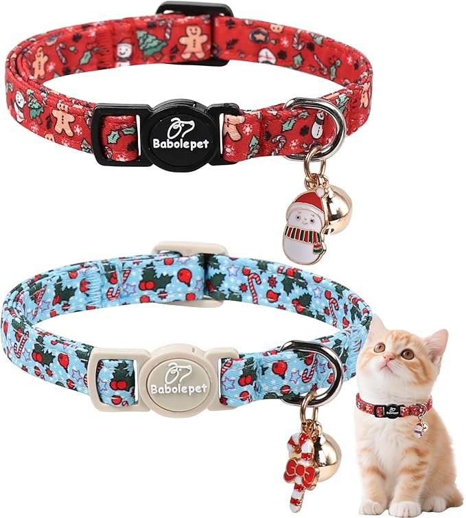 2 Pack Christmas Cat Collars - Breakaway Cat Collar with Bell, Candy Cane and Snowman Pendant, Winter Adjustable Kitten Collars for Girl Boy Cats, Blue&Red