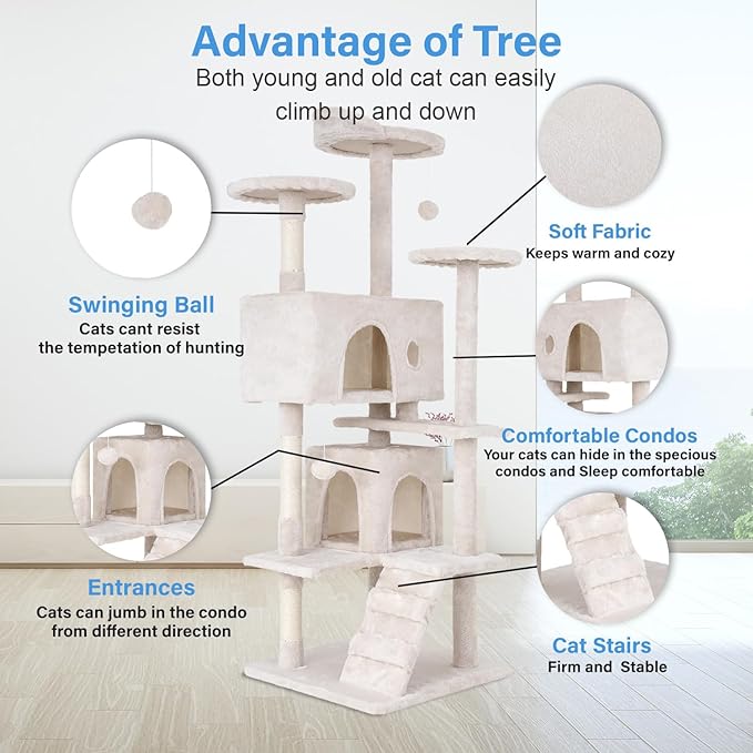 FDW | 54" Cat Tree Tower | Beige | Multi-Level Indoor Activity Center with Sisal Scratching Posts, Condos, Plush Perches, Hanging Cat Toys | Sturdy, Easy to Assemble | for Kittens & Adult Cats