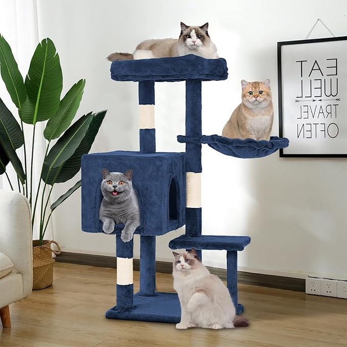FDW 37.8 inch Cat Tree Cat Tower for Indoor Cats with Scratching Posts,Multi-Level Cat Furniture Activity Center Stand House Cat Condo Modern Cat Tower with Hanging Cradle & Funny Toy,Navy Blue