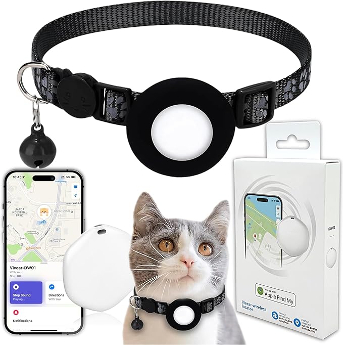 GPS Tracker for Cats, Mini GPS Pet Tracker with Collar, IP68 Waterproof Cat Trackers,No Monthly Fee,Work with Apple Find My(iOS Only),Smart Trackers for Pets(Black)