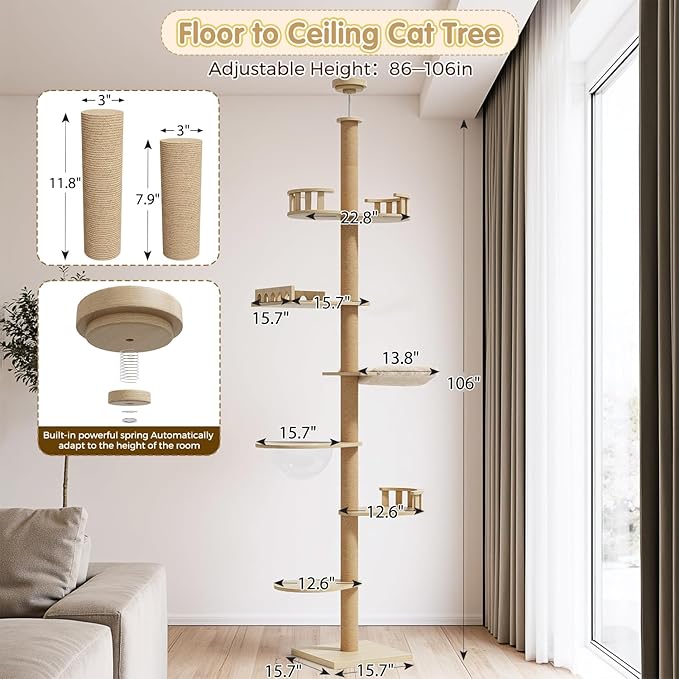 Erinnyees Cat Tree, Floor to Ceiling Cat Tree Height (86-105 in) Adjustable Cat Tower 6 Tier Hemp Scratching Post Cats Activity Center Removable Washable Pads