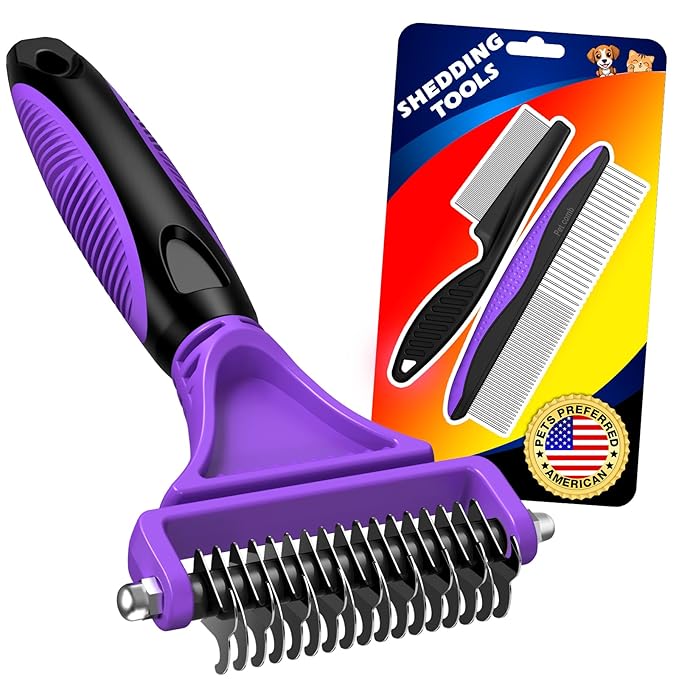 3PCS Pet Grooming Rake & Metal Comb & Flea Comb for Cats and Dogs, Double-Sided Dematting Tool, Extra-Wide Deshedding Dog Brush for Long Hair to Effectively Remove Tangles, Knots and Mats (Purple)