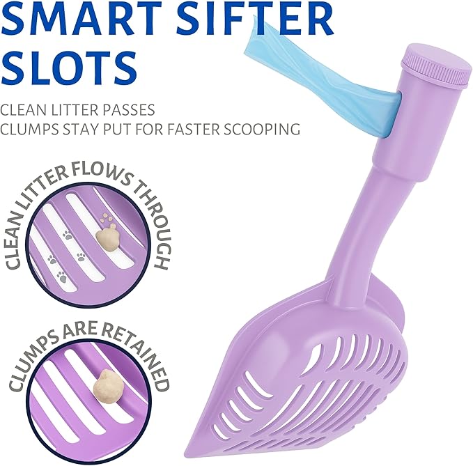 2-in-1 Pooper Scooper with Bag Attachment, Cat Litter Shovel Scoop with Bag, Built-in Dispenser, Includes Trash Roll, Rinse-Clean, Anti-Stick, Smart Sifter, Long Handle (Lilac)
