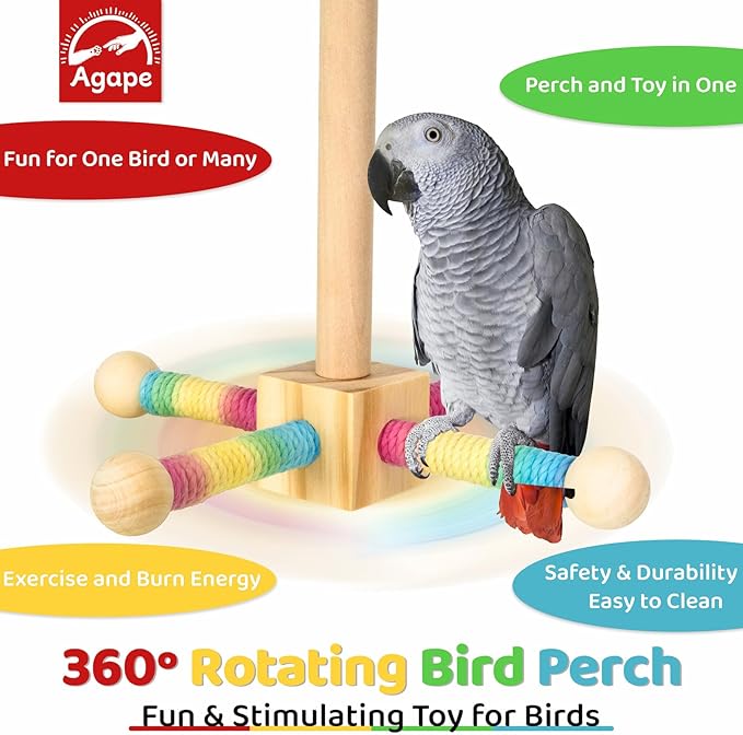 Agape Bird Toy, Parrot 360° Interactive Rotating Perch, Bird Cage Accessories for Small and Medium Parrots to Expend Energy, Wooden Stand for Parakeets Cockatiels Lovebirds Conures Finches Budgies