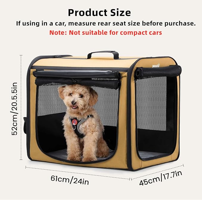 Dog Car Carrier Light Weight 24×17.7×20.5 in, Dog Carrier Easy to Assemble, Dog Car Crate Portable and Breathable, Foldable Pet Carrier for Indoor and Outdoor Use, Dogs Travel Crate with Curtain Brown