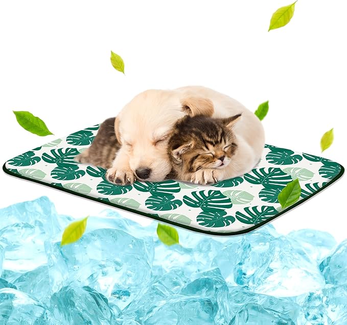 NWK Pet Cooling Mat - Ice Silk Cooling Mat for Dogs & Cats Portable & Washable Pet Cooling Blanket, Car Seats, Beds for Summer (1, Green Leaf, 20'' X 27'' X 0.3'')