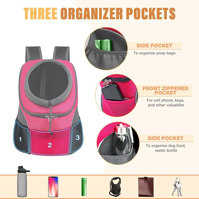 YUDODO Dog Front Carrier Backpack, Adjustable Breathable Pet Carrier for Small Dogs, Ventilated Puppy Back Pack with Safety Belt, Lightweight Doggy Backpack for Hiking Outdoor (Rose, L)