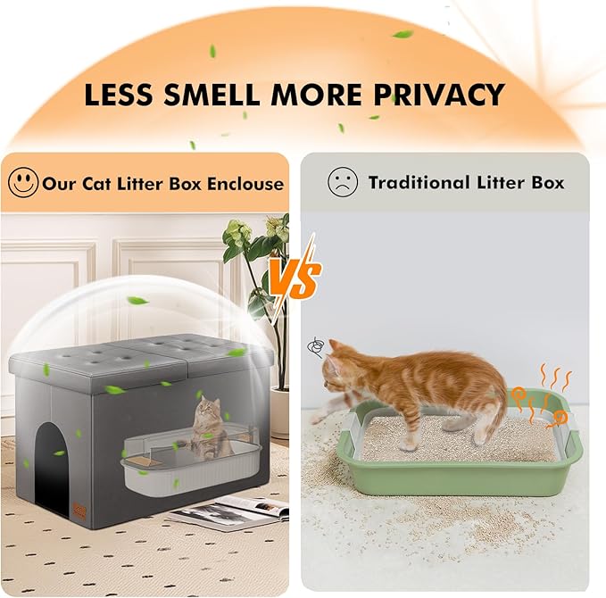 Cat Litter Box Enclosure Furniture for Odor Control, Hidden Cabinet Cat Litter Box Furniture Ottoman with Flip-Up Lid,Cats Litter Box Bench with Storage Space, Dog Proof (Gray-Faux Leather, Large)