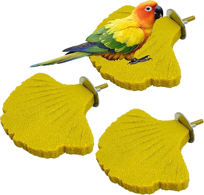 3 Pcs Parrot Perch Resin Bird Beak Grinding Stone Leaf Shape Perch Stand Foot Clawing Trimmer Bird Cage Accessories for Cockatiels Conures Budgies Lovebirds (Yellow)