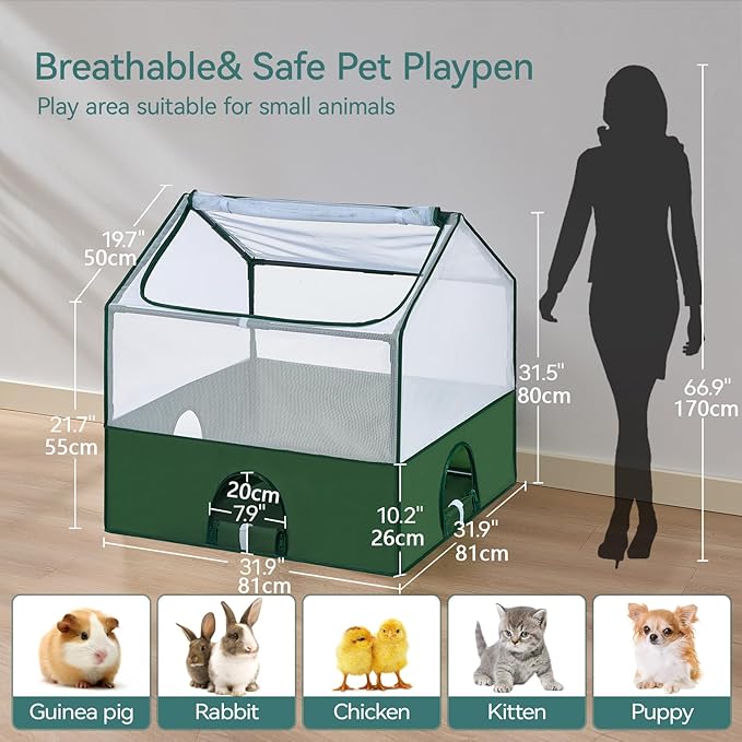Dinmo Small Animal Playpen, Guinea Pig Cages, Rabbit Playpen, Puppy Play Pen for Indoors, Pet Playpen with Waterproof Floor for Hamsters, Hedgehogs, Bunny, Indoor Outdoor Portable Fence, Green