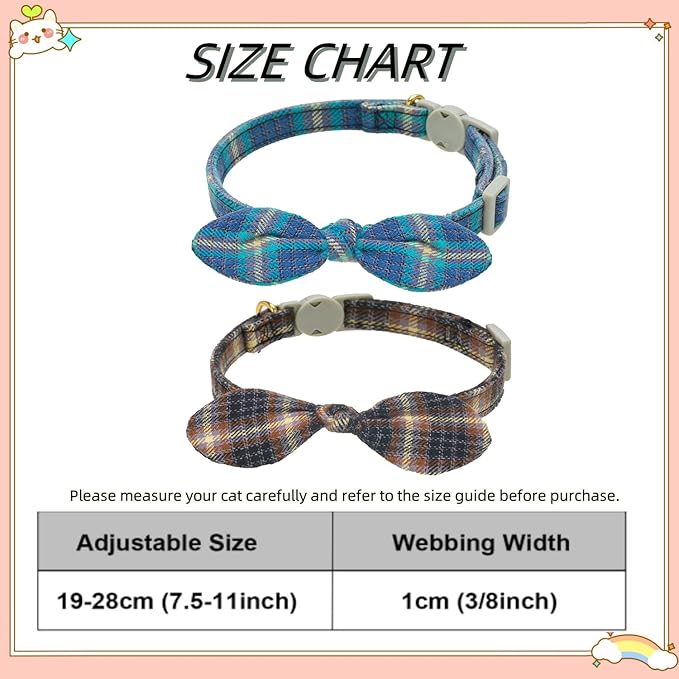 Cotton Bowtie Cat Collar with Bell 2 Pack Plaid Breakaway Kitten Collars with Removeable Bunny Ear Bow(Mocca Tweed+Ocean Blue)