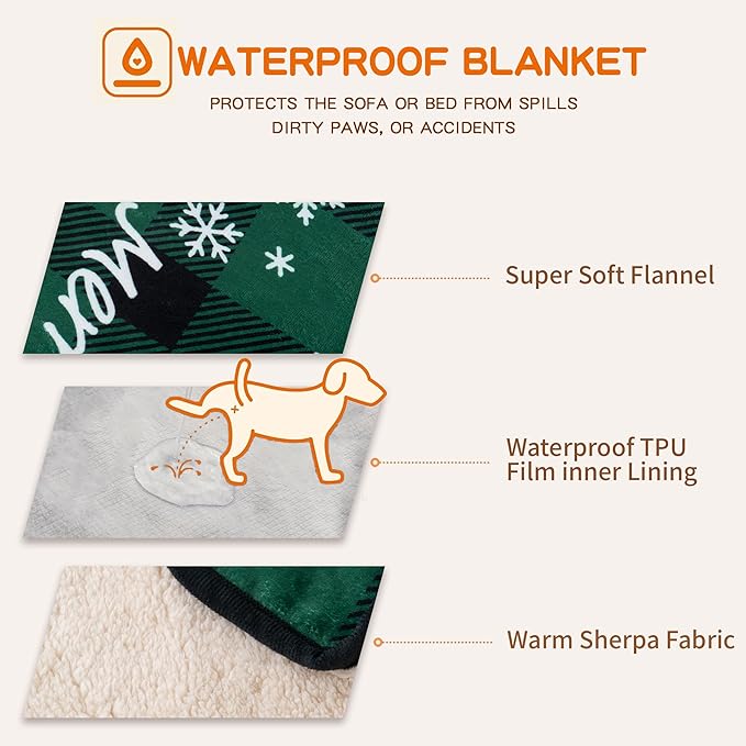 Waterproof Dog Blankets Pet Blanket 50"x60", Soft Fluffy Sofa Car Bed Protector, Reversible Sherpa Fleece Dog Blanket for Large Dogs Christmas Decor(Christmas Green)