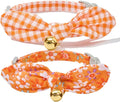 2 Pack Cotton Cat Collar, Removable Bowtie, Floral Pattern, Safety Breakaway Clasp, Adjustable for Cats.(Adult Cat, Orange Plaid and Floral)