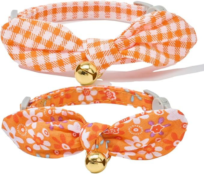 2 Pack Cotton Cat Collar, Removable Bowtie, Floral Pattern, Safety Breakaway Clasp, Adjustable for Cats.(Adult Cat, Orange Plaid and Floral)
