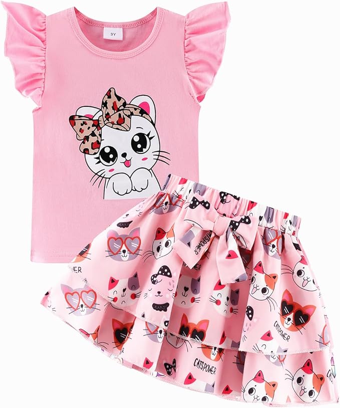 Girls Skirt Set 2 Piece Outfit Toddler Summer Clothes Ruffle Sleeve T-Shirt Bow Knot Tutu Skirt Outfit Set
