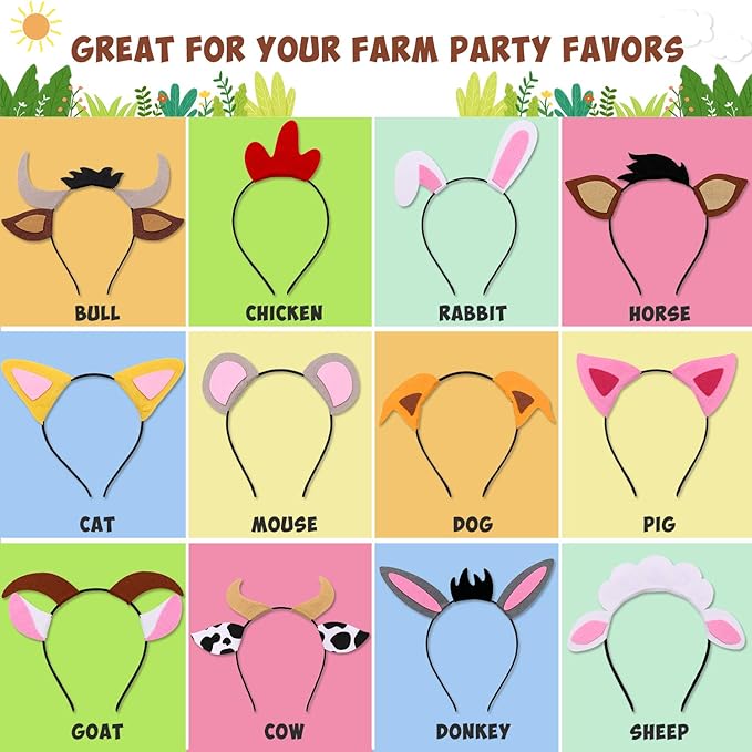 CiyvoLyeen Puppy Dog, Farm Animals Ear Headbands, for Birthday Party Decoration, Zoo Farmhouse Birthday Party Favors Supplies
